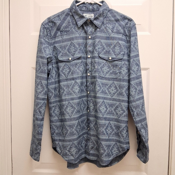 Lucky Brand Button Up Shirt Aztec Pearl Snap Southwestern Blue Medium Stretch - Picture 1 of 15